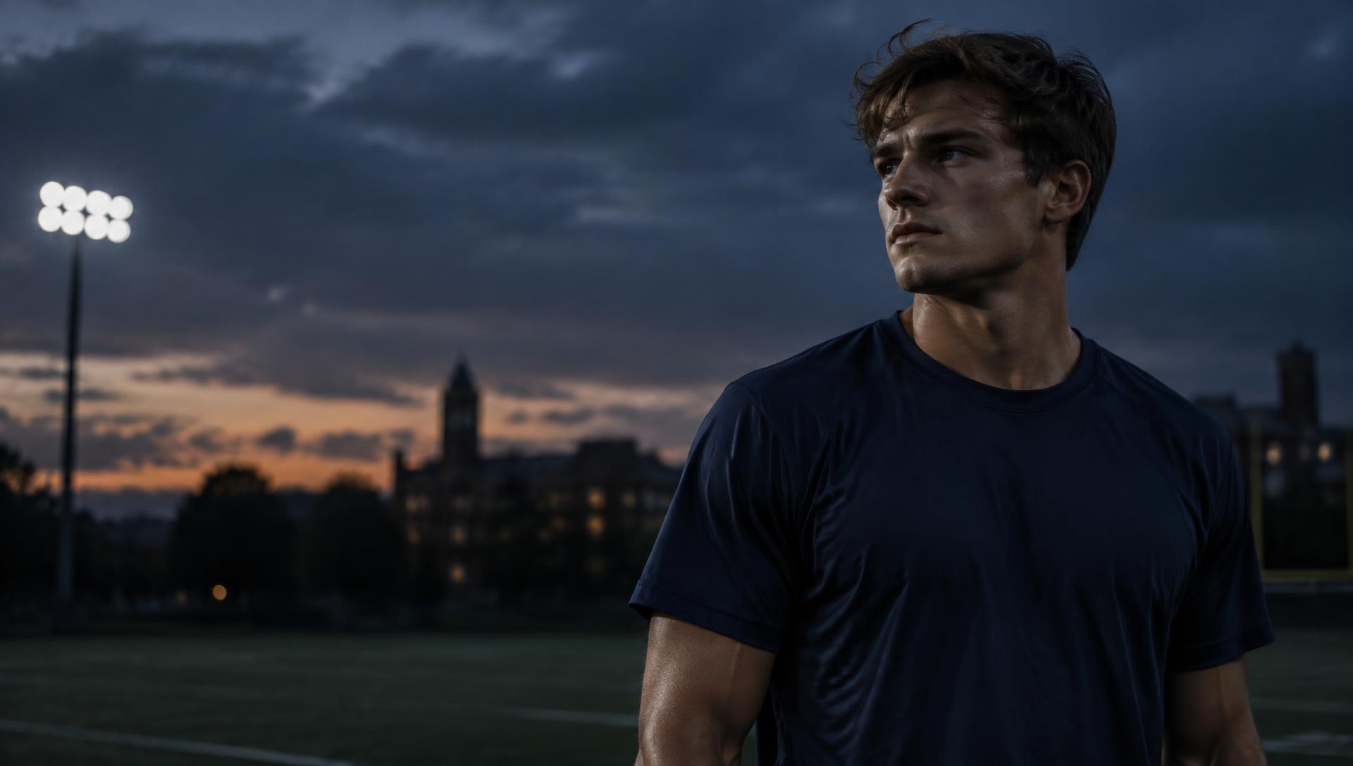 Focused college athlete on campus field